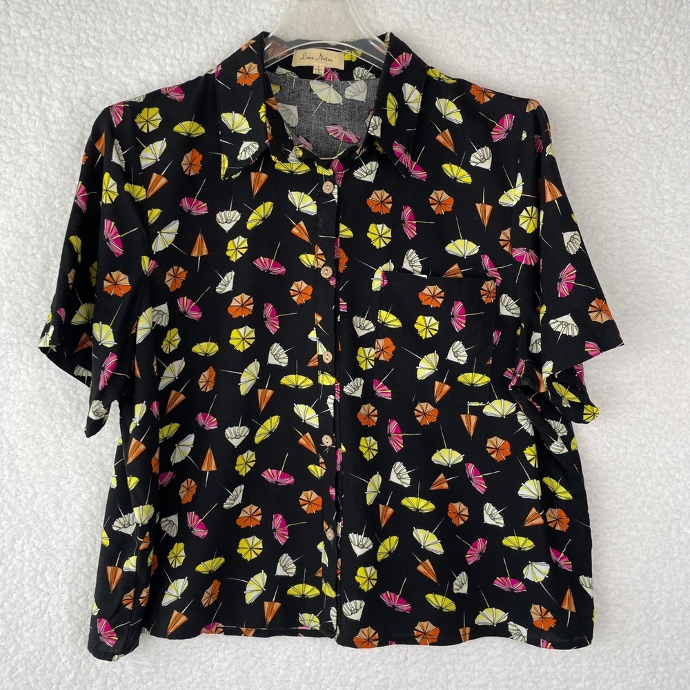 Love Notes Womens Large Black Umbrella Print Rayon Short Sleeve‎ Button Down Top